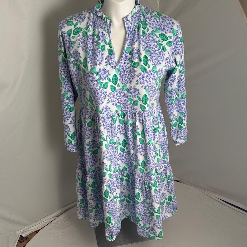 Duffield Lane Fiona dress in multicolor blue green white floral Hydrangea Bloom